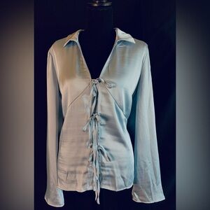 A New Day Satin Lace-Up Blouse XL Light Blue Long Sleeve NWT
